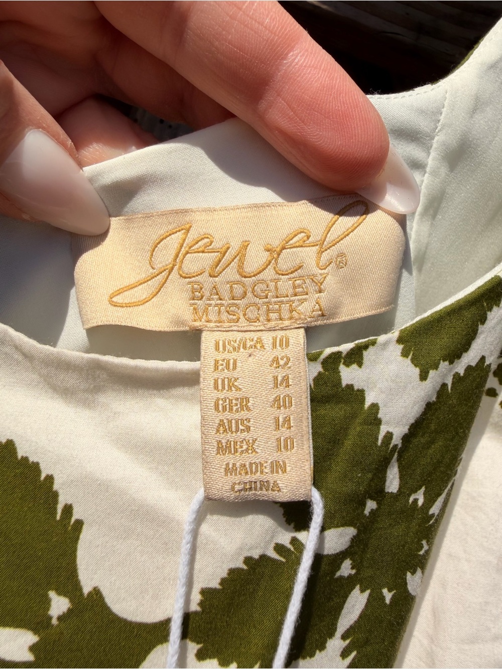 Badgley Mischka Cream Dress with Olive Green Floral Print - Picture 3 of 5